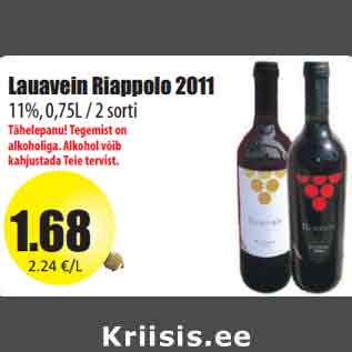 Allahindlus - Lauavein Riappolo 2011 11%, 0,75L / 2 sort