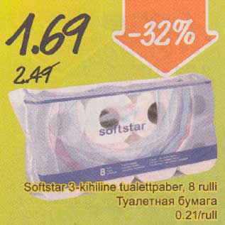 Allahindlus - Softstar 3-kihiline tualettpaber, 8 rulli