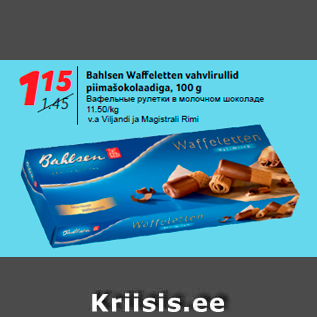 Allahindlus - Bahlsen Waffeletten vahvlirullid piimašokolaadiga, 100 g