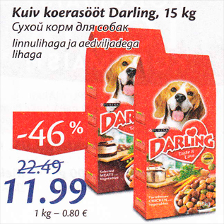 Allahindlus - Kuiv koerasööt Darling, 15 kg