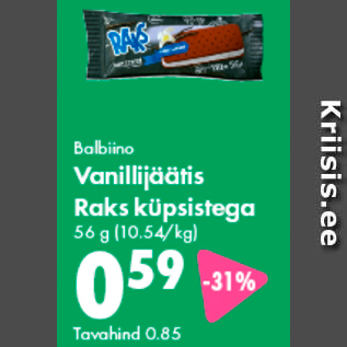 Allahindlus - Balbiino Vanillijäätis Raks küpsistega 56 g