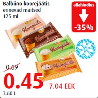 Allahindlus - Balbiino koorejäätis erinevad maitsed 125 ml