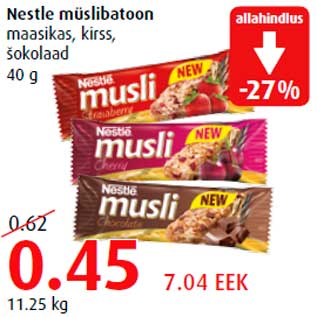 Allahindlus - Nestle müslibatoon maasikas, kirss, šokolaad 40 g