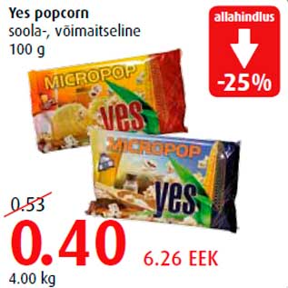 Allahindlus - Yes popcorn soola-, võimaitseline 100 g