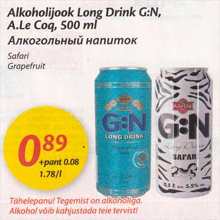 Allahindlus - Alkoholijook Long Drink G:N, A.Le Coq, 500 ml