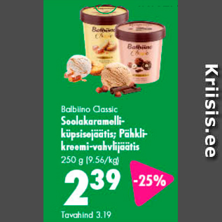 Allahindlus - Balbiino Classic Soolakaramelliküpsisejäätis; Pähklikreemi-vahvlijäätis 250 g