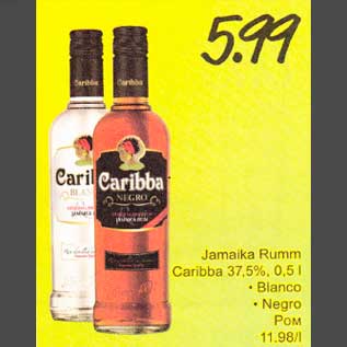 Allahindlus - Jamaika Rumm Caribba 37,5%, 0,5l .Bianco .Negro