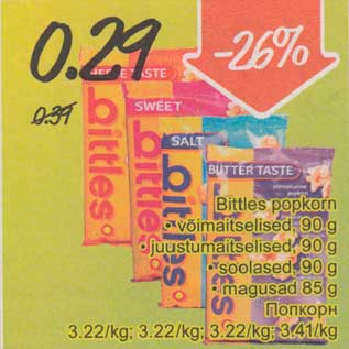 Allahindlus - Bittles popkorn .võimaitselised, 90g .juustumaitselised, 90g .magusad 85g