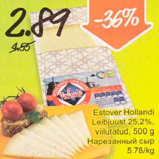 Allahindlus - Estover Hollandi Leibjuust 25,2%, viilutatud, 500 g