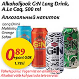 Allahindlus - Alkoholijook G:N Long Drink, A.Le Coq, 500 ml