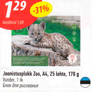 Allahindlus - Joonistusplokk Zoo, A4, 25 lrhte, 170 g