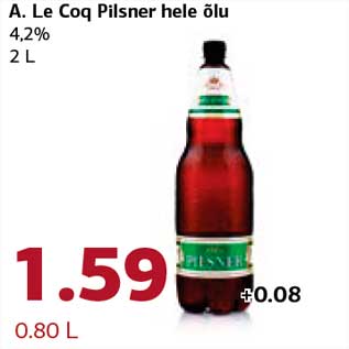 Allahindlus - A. Le Coq Pilsner hele õlu 4,2% 2 L