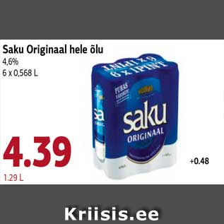 Allahindlus - Saku Originaal hele õlu 4,6% 6 x 0,568 L