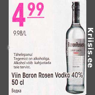 Allahindlus - Viin Baron Rosen Vodka 40% 50 cl