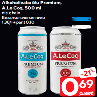 Allahindlus - Alkoholivaba õlu Premium, A.Le Coq, 500 ml