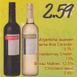 Allahindlus - Аrgеntiinа lauavein Santa Аnа Саrасtеr, 0,75 l .Сhаrdоnnау Chenin, 13% .Shiraz Malbec, 12.5%