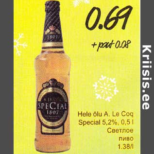 Allahindlus - Hele õlu А. Le Coq Special 5,2%, 0,5l