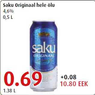 Allahindlus - Saku Originaal hele õlu 4,6% 0,5 L