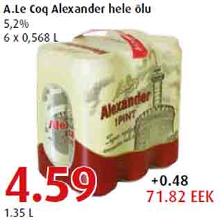 Allahindlus - A.Le Coq Alexander hele õlu 5,2% 6 x 0,568 L