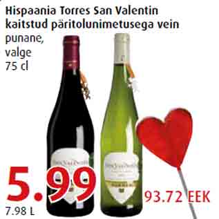 Allahindlus - Hispaania Torres San Valentin kaitstud päritolunimetusega vein punane, valge