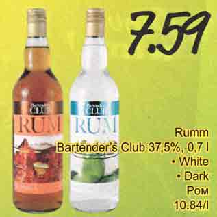 Allahindlus - Rumm Bartender Club 37,5%,0,7 l .White .Dark