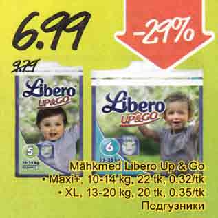 Allahindlus - Mähkmed Libero Up & Go . Maxi+, 10-14 kg, 22tk,0,32/tk . XL, 13-20 kg, 20tk, 0,35/tk