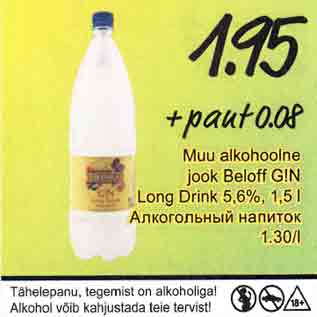 Allahindlus - Muu alkohoolne jook Beloff G!N Long Drink 5,6%, 1,5 l