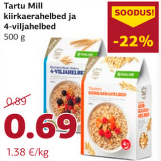 Allahindlus - Tartu Mill kiirkaerahelbed ja 4-viljahelbed 500 g