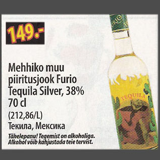 Allahindlus - Mehhiko muu piiritusjook Furio Tequila Silver, 38%, 70 cl