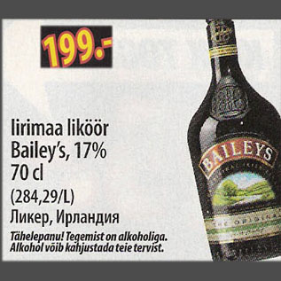 Allahindlus - Iirimaa liköör Baileys, 17%, 70 cl