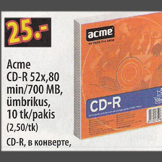 Allahindlus - Acme CD-R 52x,80min/700 MB, ümbrikus, 10 tk/pakis