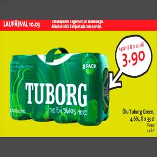 Allahindlus - Õlu Tuborg Green, 4,6%, 8 x 33 cl