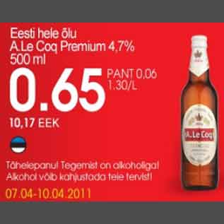 Allahindlus - Eesti hele õlu A.Le Coq Premium