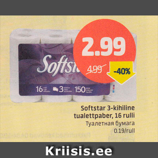 Allahindlus - Softstar 3-kihiline tualettpaber, 16 rulli