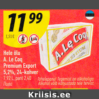 Allahindlus - Hele õlu A.Le Coq Premium Export 5,2%, 24-kohver