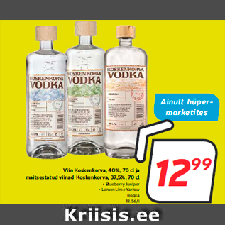 Allahindlus - Viin Koskenkorva, 40%, 70 cl ja maitsestatud viinad Koskenkorva, 37,5%, 70 cl