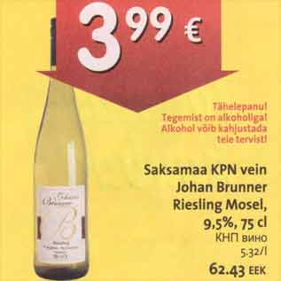 Allahindlus - Saksamaa KPN vein Johan Brunner Riesling Mosel