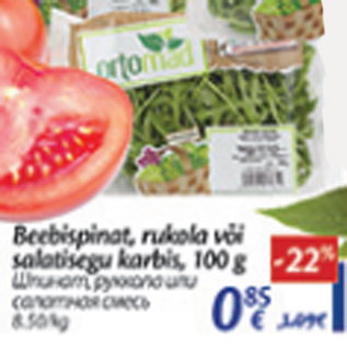 Allahindlus - Beebispinat, rukola või slatisegu karbis, 100 g