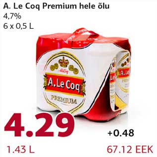 Allahindlus - A. Le Coq Premium hele õlu 4,7% 6 x 0,5 L