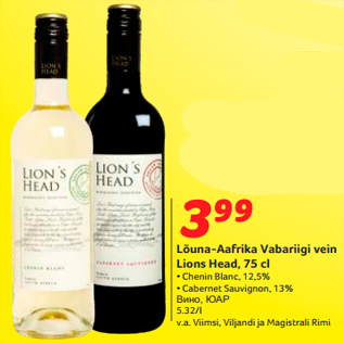 Allahindlus - Lõuna-Aafrika Vabariigi vein Lions Head, 75 cl