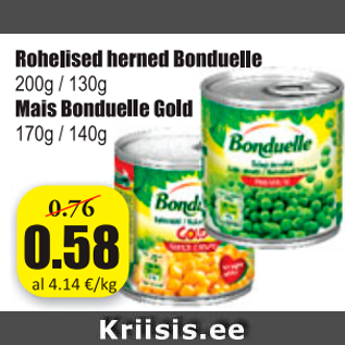 Allahindlus - Rohelised herned Bonduelle 200g/130g; Mais Bonduelle Gold 170g/140g