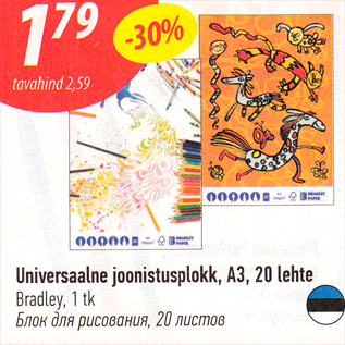 Allahindlus - Universaalne joonistusplokk, A3, 20 lehte Bradley, 1 tk