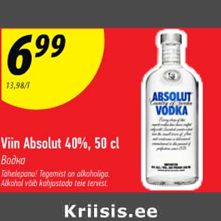 Allahindlus - Viin Absolut 40%, 50 cl