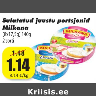 Allahindlus - Sulatatud juustu portsjonid Milkana (8x17,5g) 140g 2 sorti