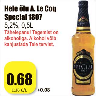 Allahindlus - Hele õlu A. Le Coq Special 1807 5,2%, 0,5L