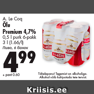 Allahindlus - A. Le Coq Õlu Premium 4,7%