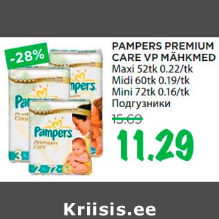 Allahindlus - PAMPERS PREMIUM CARE VP MÄHKMED Maxi 52tk 0.22/tk Midi 60tk 0.19/tk Mini 72tk 0.16/tk