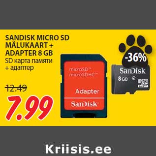 Allahindlus - SANDISK MICRO SD MÄLUKAART + ADAPTER 8 GB