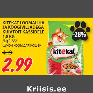 Allahindlus - KITEKAT LOOMALIHA JA KÖÖGIVILJADEGA KUIVTOIT KASSIDELE 1,8 KG