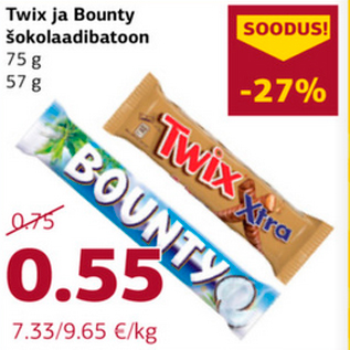 Allahindlus - Twix ja Bounty šokolaadibatoon 75 g, 57 g